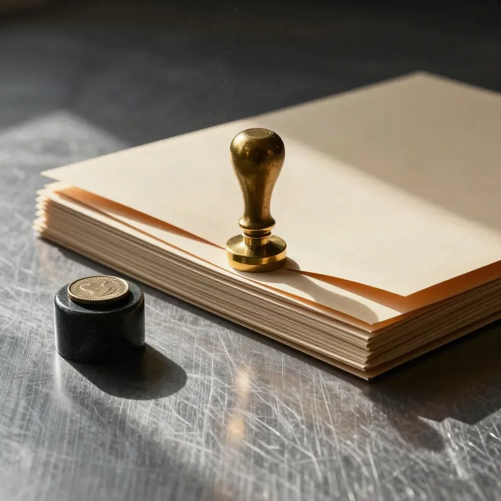 Brass seal stamp with archival folders, coin-weight and paperweight on brushed metal in soft daylight.