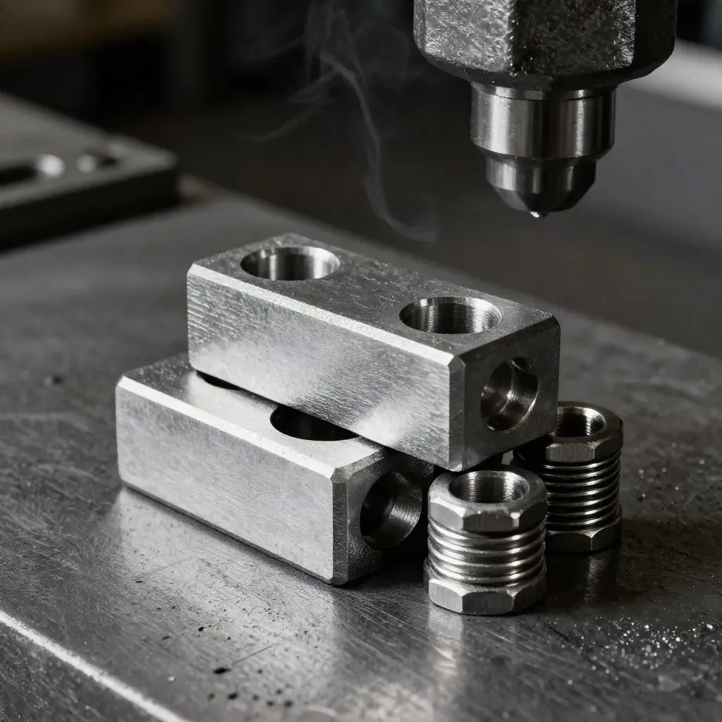 Steel brackets, chamfered block, and hex spacers on a workshop surface, lit by soft rim light.