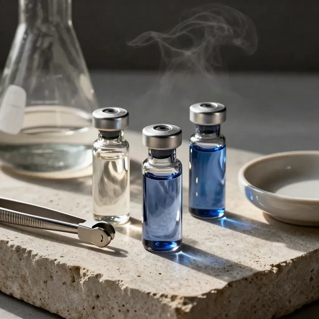Lab flask, reagent vials, forceps and ceramic dish on pale stone in dramatic overhead light.