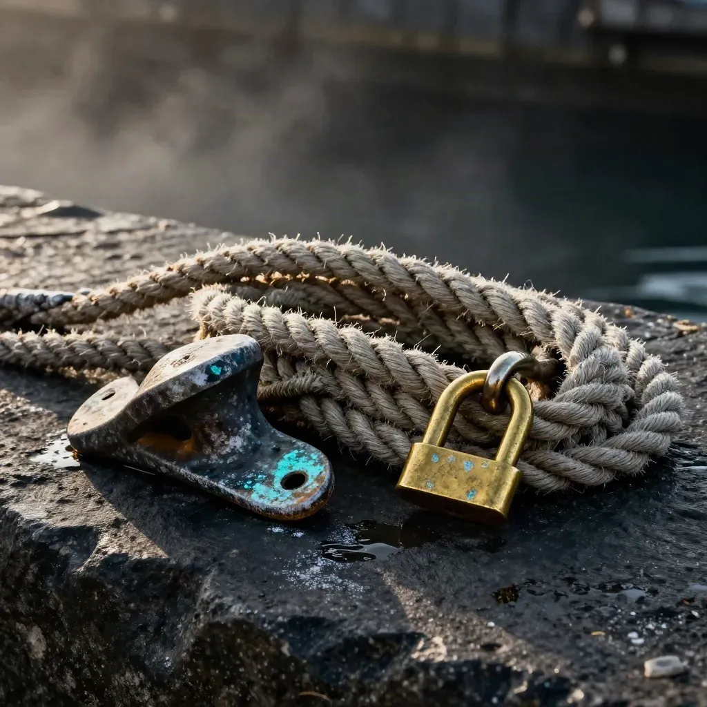 Brass shackle, dock line and worn cleat on dark stone in sea mist