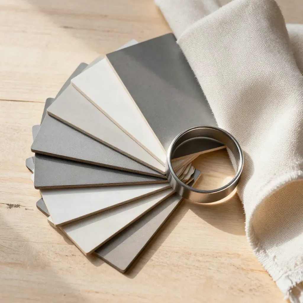 Overhead still life of anodised sample chips, an aluminum ring, and calico cloth on pale wood.
