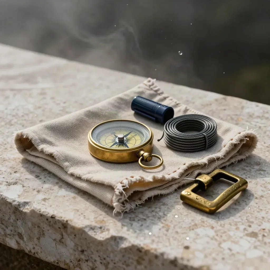 Brass compass and survey gear clustered on travertine with fog and a canvas edge.