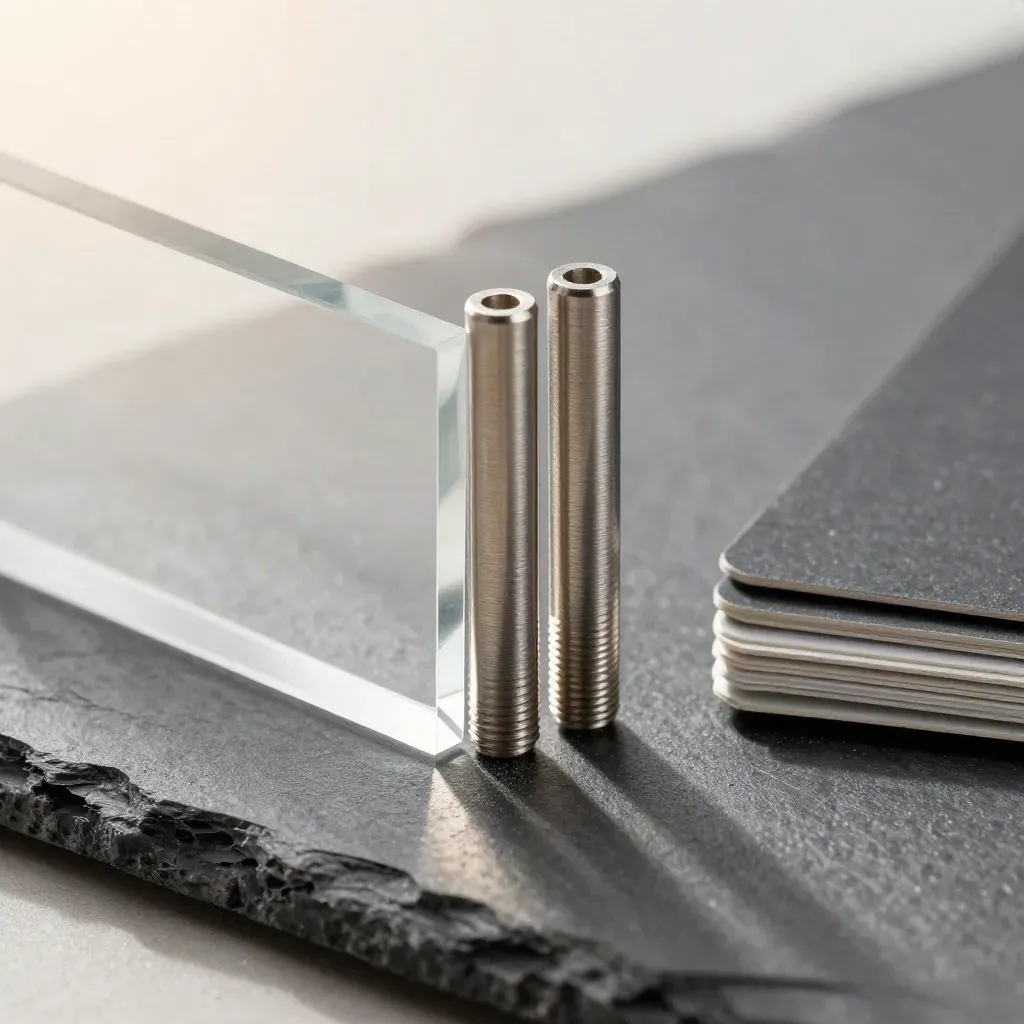 Macro of aluminum standoffs, acrylic corner sample, and slate swatch cards on graphite stone.