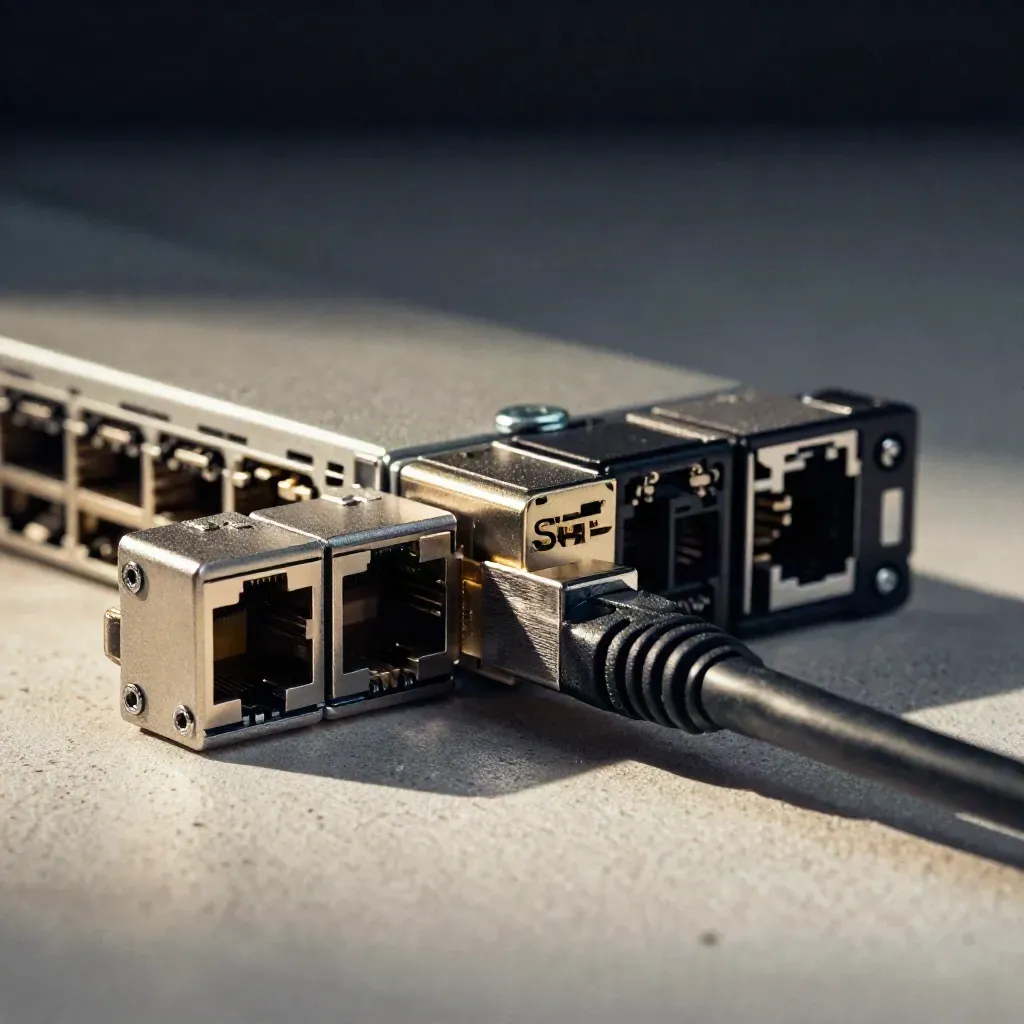 RJ45 plug, cage nut, SFP transceiver and patch cable lined up on pale concrete