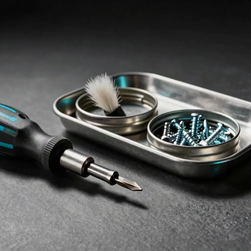 Torx driver, anti-static brush, screw tin and steel tray on a graphite service surface.