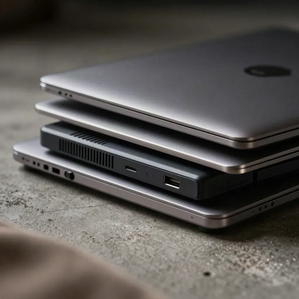 Closed laptop, security key, travel router and USB-C hub on concrete, seen through a soft case edge.
