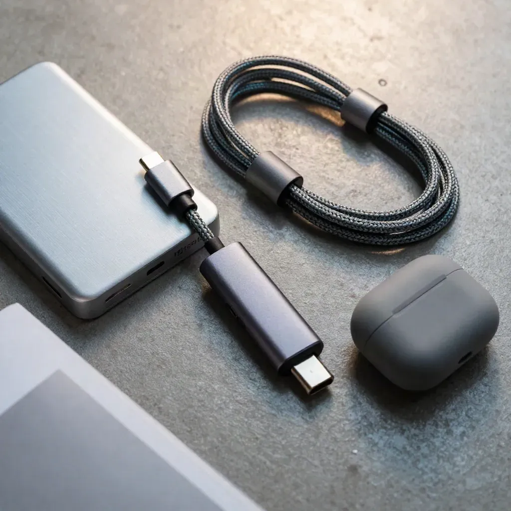 Portable SSD, card reader, braided USB-C cable and earbuds case on concrete, viewed overhead.