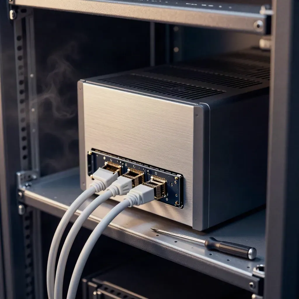 Macro still life of a compact NAS, SSD tray, ethernet cables and screwdriver in a rack bay.