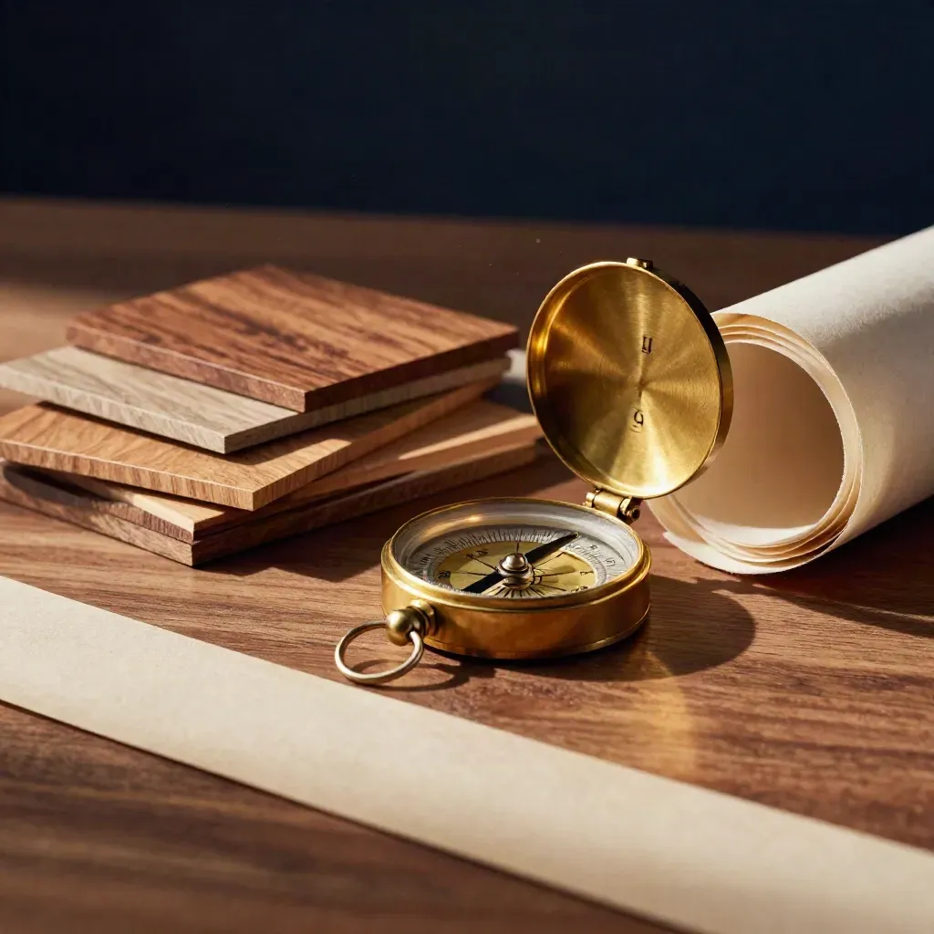 Brass compass beside veneer samples and tracing paper on a warm wood bench in dramatic sidelight.