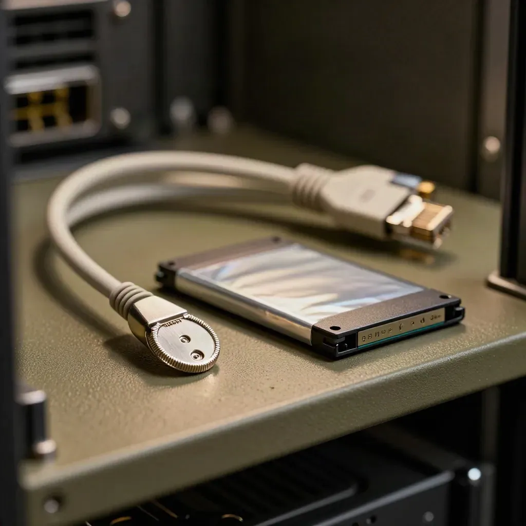 Macro still life of a hardware token, SSD and coiled patch cable on a server shelf.