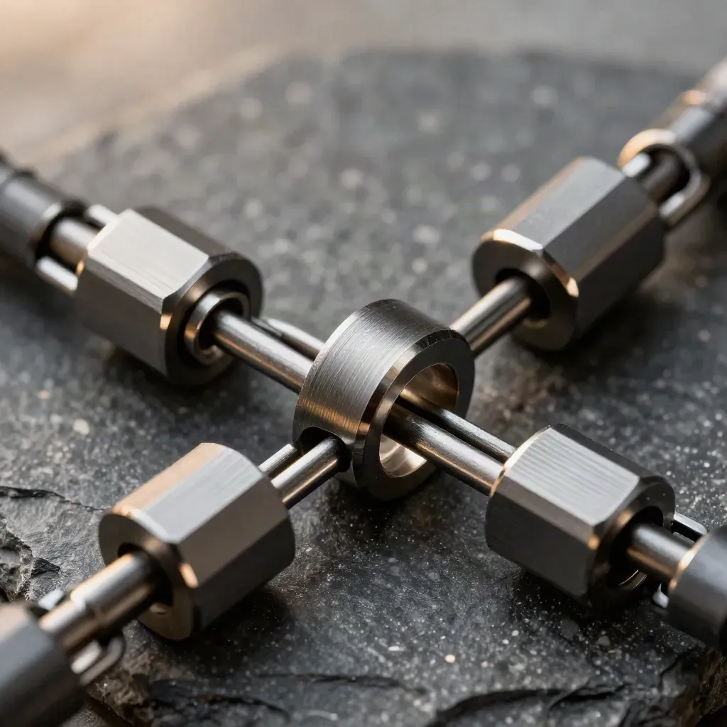 Top-down macro of machined rings, cable coupler and connector blocks on dark stone.