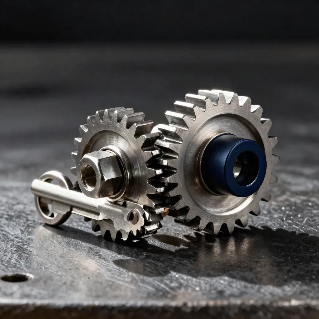 Brushed steel still life of meshing gears, folded link and hex fasteners with navy accent.