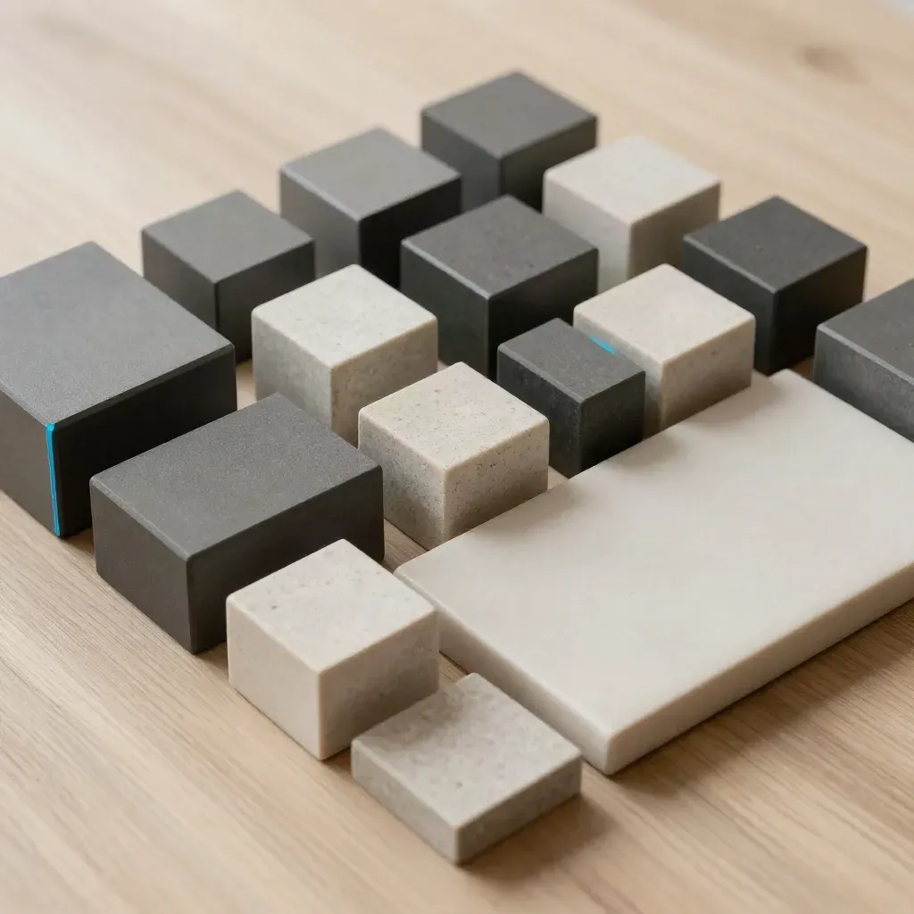 Top-down grid of modular blocks and ceramic tile on pale wood, lit with a cyan accent
