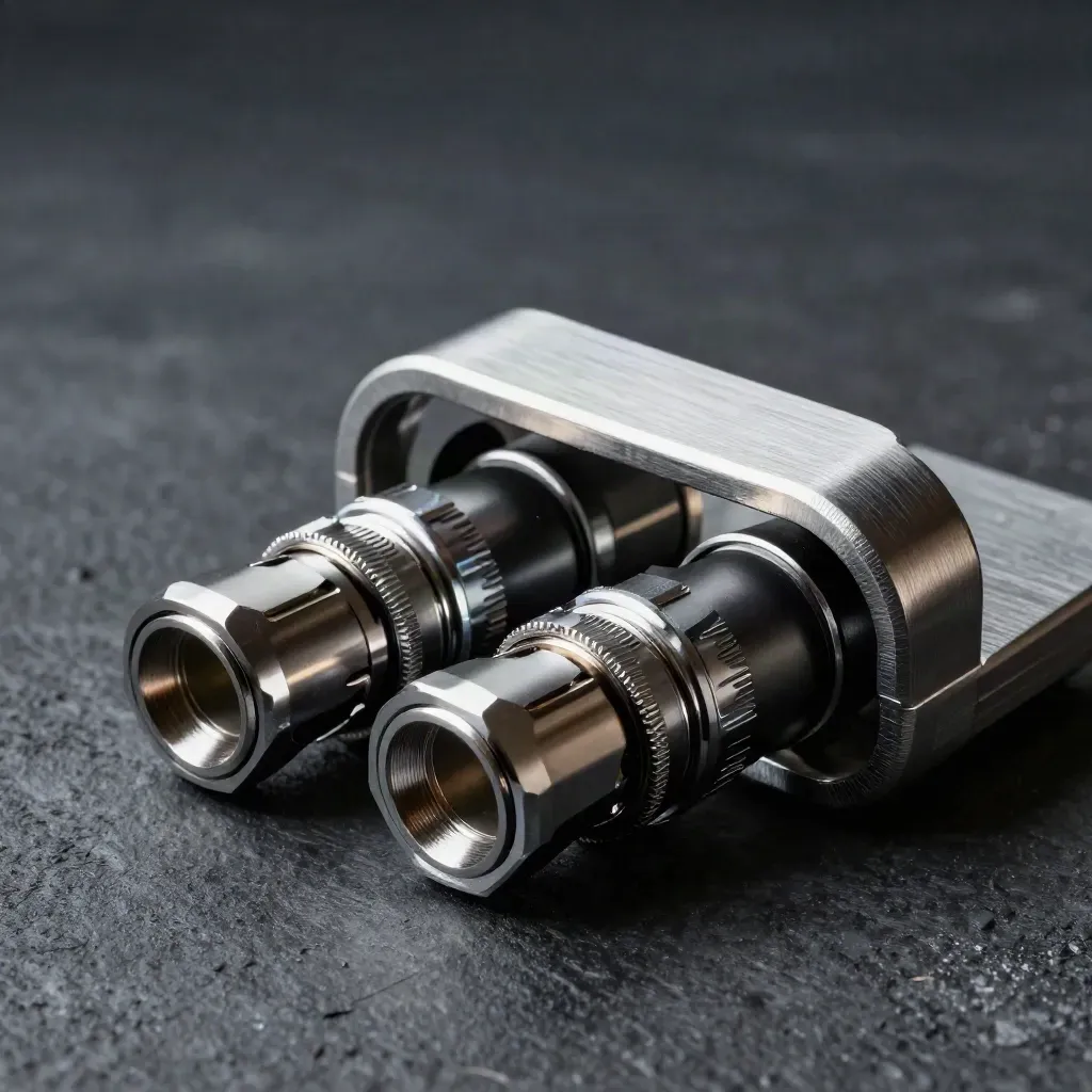 Precision connectors and a metal bridge on dark concrete with cool studio light
